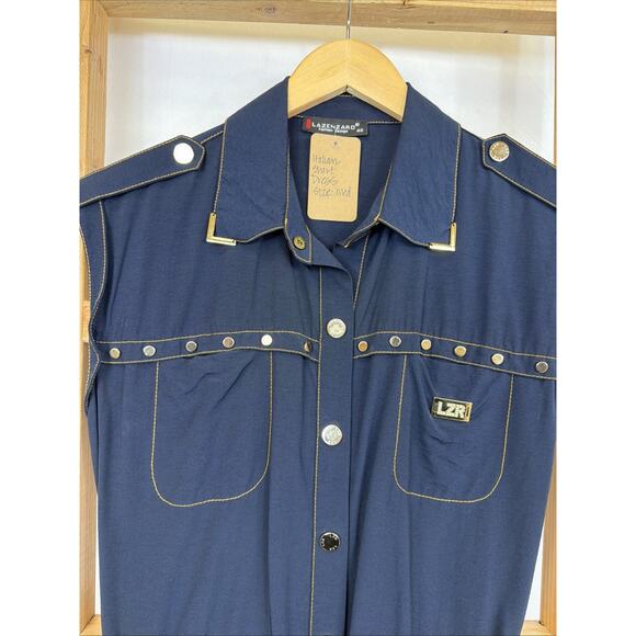 Lazenzaro Blue Pockets Sleeveless Collared Utility Snap Up Dress #1563 Size MED - Picture 3 of 5